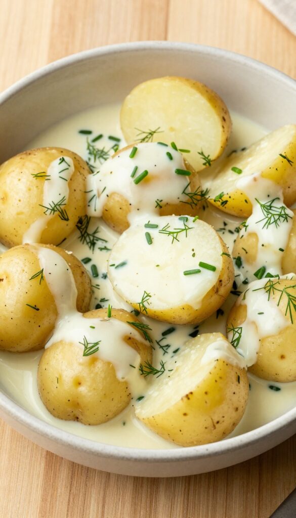 Herb-infused buttermilk potato salad with fresh dill and chives in a rustic bowl, bright and appetizing for a blog.