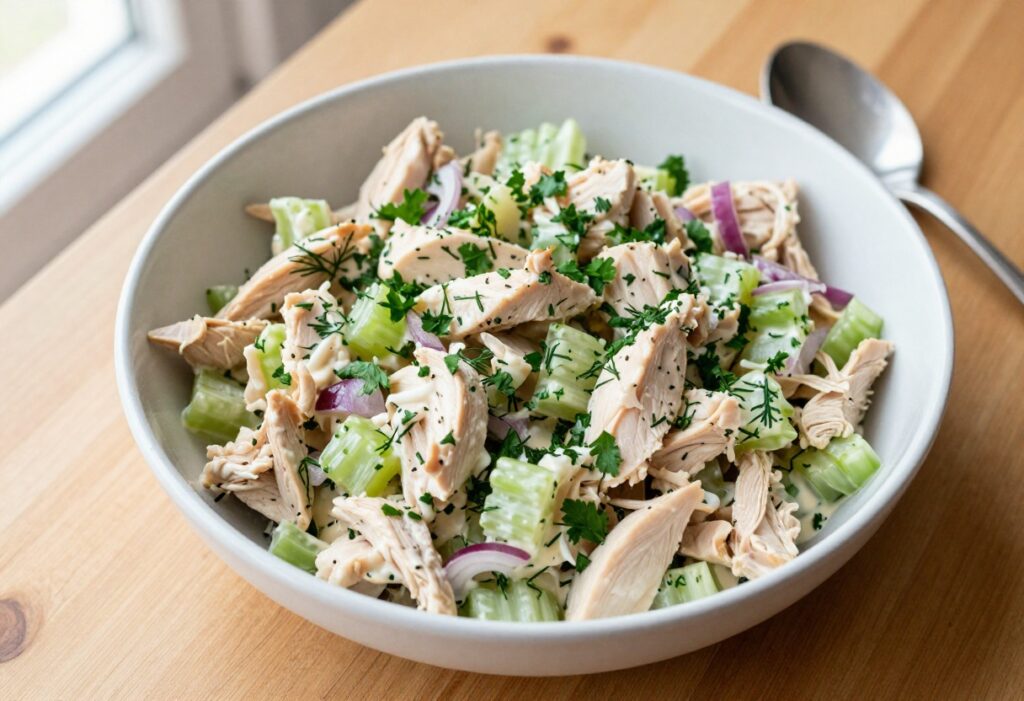 Bowl of homemade chicken salad with fresh herbs on a wooden table