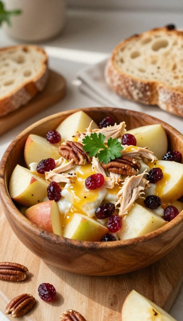 Apple and cranberry chicken salad with pecans in a wooden bowl
