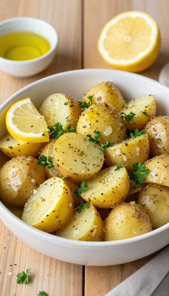 A close-up view of zesty lemon-herb potato salad with tender potatoes, herbs, and lemon slices, ideal for potlucks.