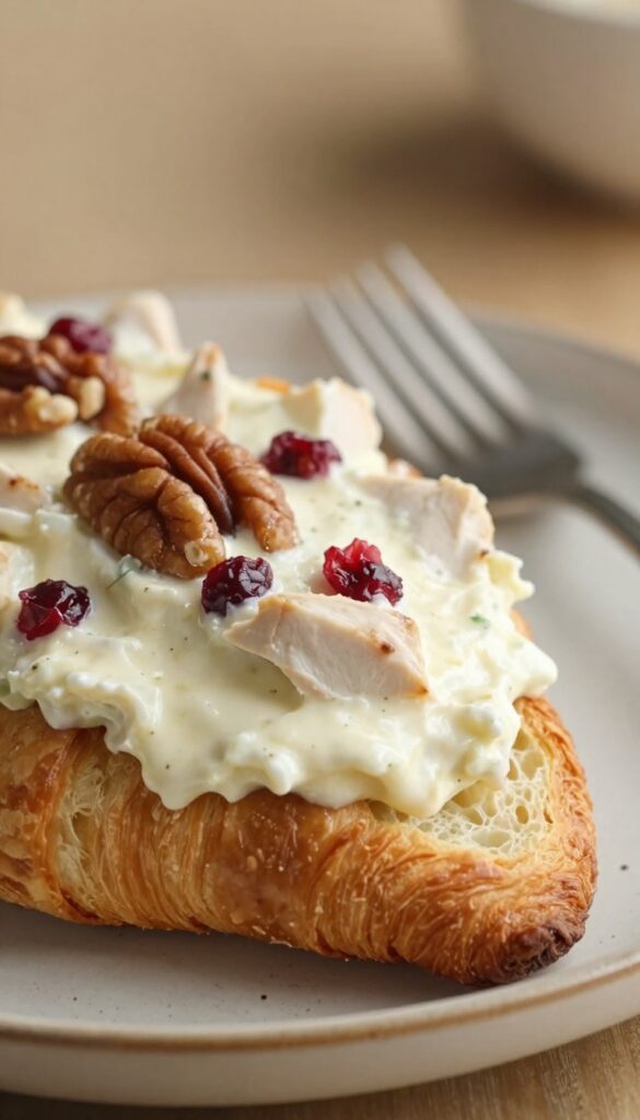 Chicken salad sandwich on croissant with cranberries and pecans