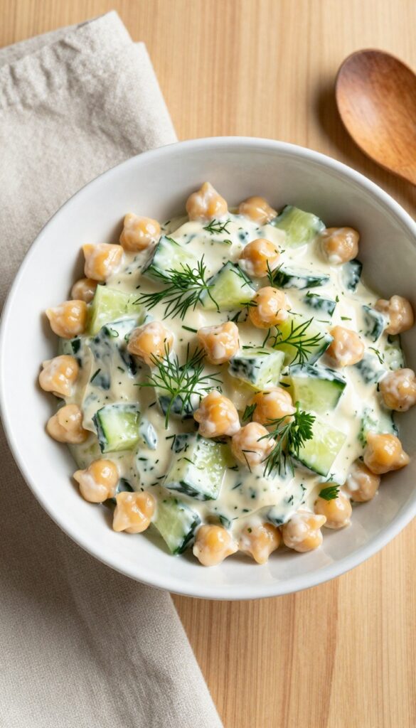 Creamy chickpea and cucumber salad with lemon herb dressing in a white bowl on a wooden table.