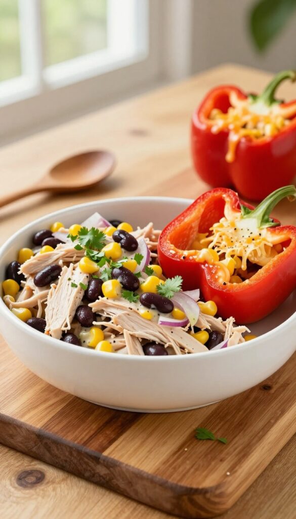 Smoky chipotle chicken salad with black beans and cilantro in a bowl and stuffed into a baked bell pepper.