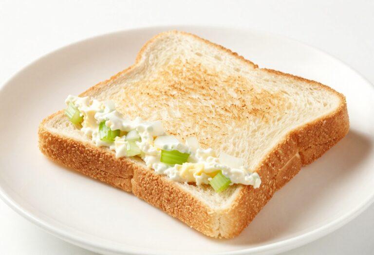 A close-up view of a Master's egg salad sandwich, showcasing its creamy yet textured filling with egg pieces and crunchy vegetables, perfect for a recipe blog feature.