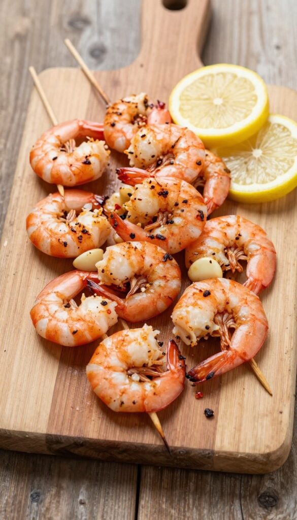 Grilled shrimp skewers with garlic and chili on a wooden board, ready to serve.
