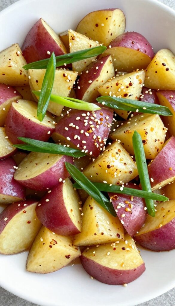 Asian-style potato salad with sesame ginger dressing, showcasing waxy potatoes, toasted sesame seeds, and scallions in a bright, natural light setting for a healthy recipe blog.