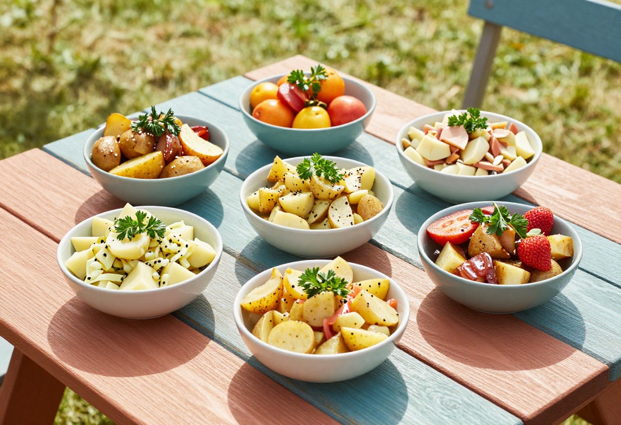 Six bowls of various potato salads on a wooden picnic table, showcasing different colors and textures for summer BBQs.