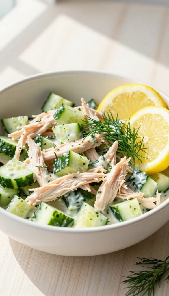 Lemon herb chicken salad with cucumber and dill in a white bowl on a wooden table.