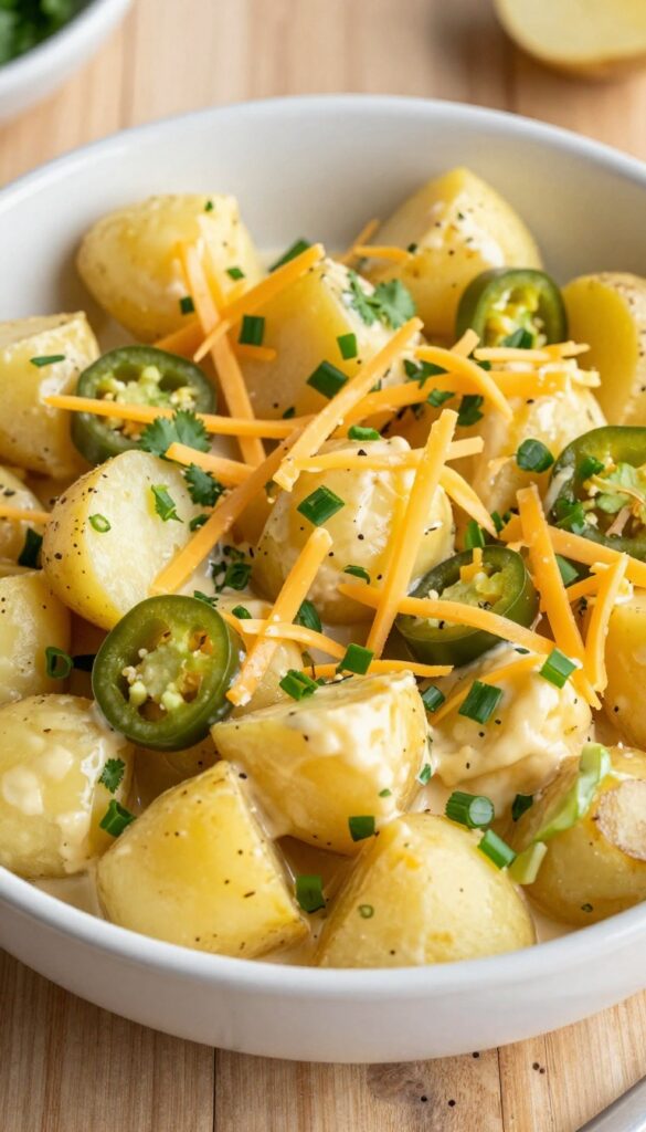 A bowl of spicy jalapeño and cheddar potato salad with creamy dressing, jalapeños, cheese, cilantro, and green onions, photographed in natural light