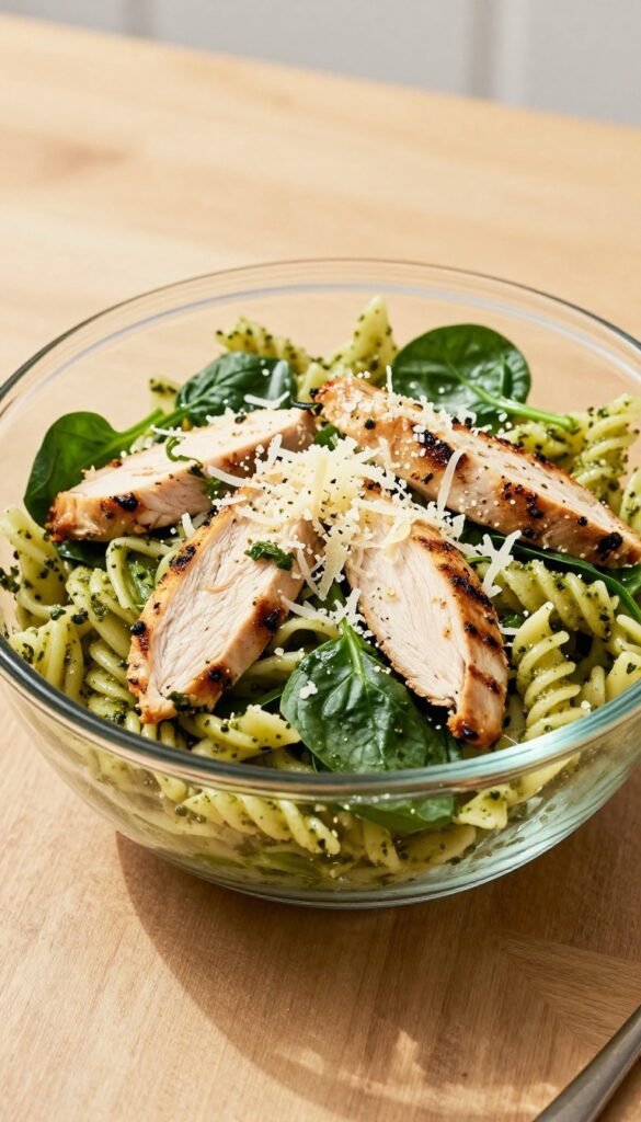 A bowl of chicken pesto pasta salad with pasta, grilled chicken, spinach, and Parmesan cheese, arranged in a bright, natural kitchen setting.