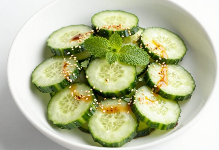 Overhead view of a colorful cucumber salad with sesame seeds and herbs in a bowl, perfect for weeknight parties.