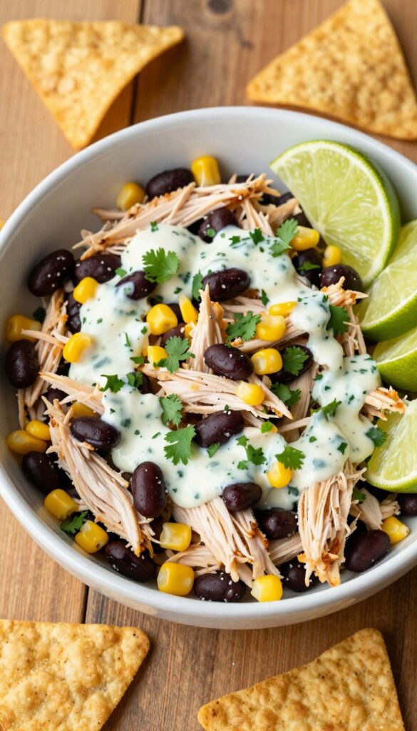 Southwest cilantro lime chicken salad in a bowl with black beans, corn, and lime wedges on a wooden table