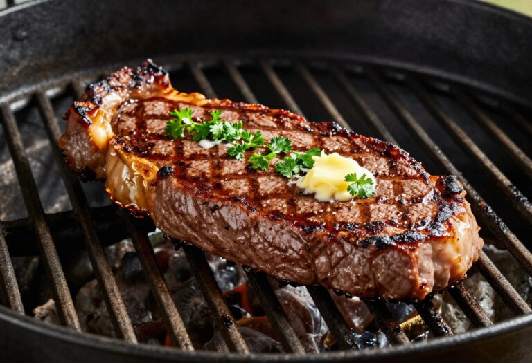 A grilled steak with garlic butter sauce, representing easy and flavorful grilled meat recipes for dinner.