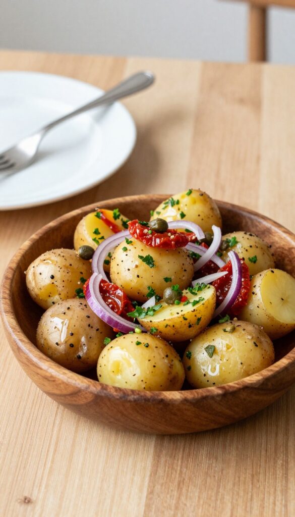 A close-up of Mediterranean potato salad with sun-dried tomatoes and capers in a rustic bowl, showcasing fresh ingredients in natural light for a blog-friendly recipe image.