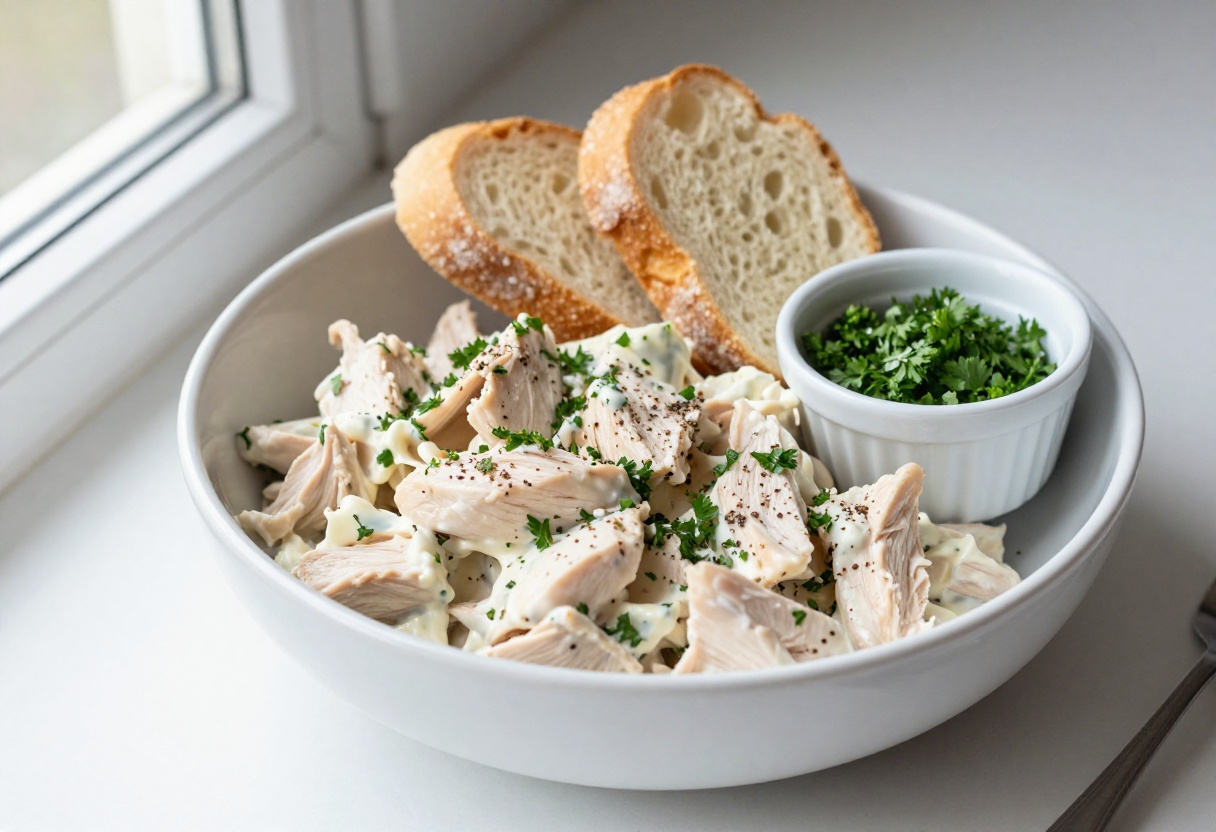 Creamy chicken breast salad in a white bowl with fresh parsley garnish and bread on the side.