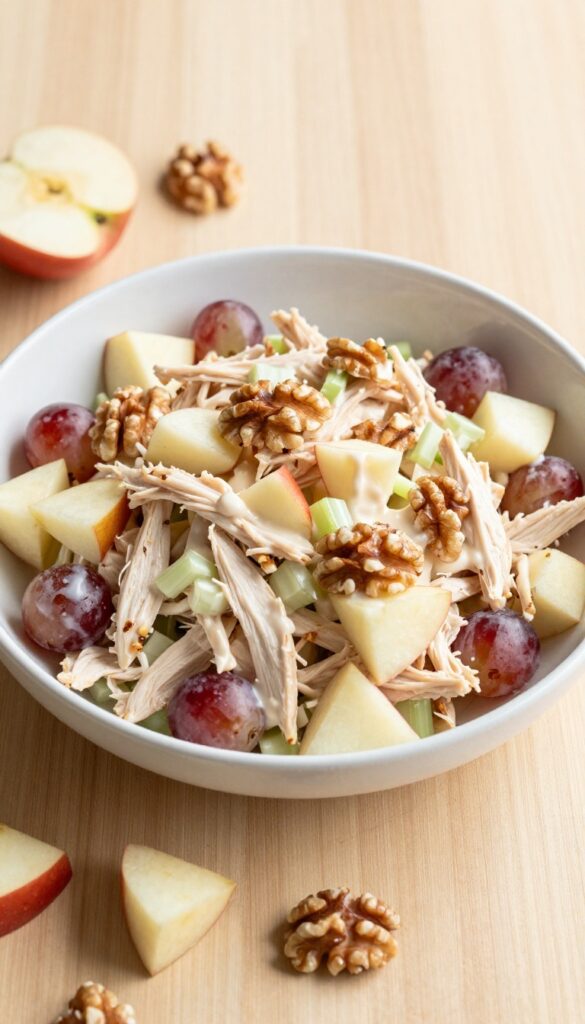 Classic Waldorf Chicken Salad in a white bowl with apples, grapes, celery, and walnuts on a wooden table.