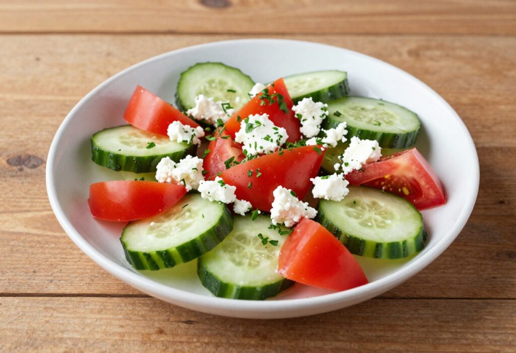 Colorful Mediterranean cucumber salad with tomatoes and feta cheese in a white bowl