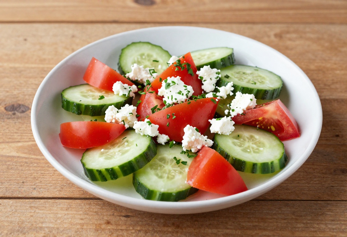 Colorful Mediterranean cucumber salad with tomatoes and feta cheese in a white bowl