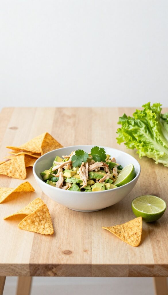 Avocado chicken salad with lime and cilantro served in a bowl with tortilla chips and lettuce cups.