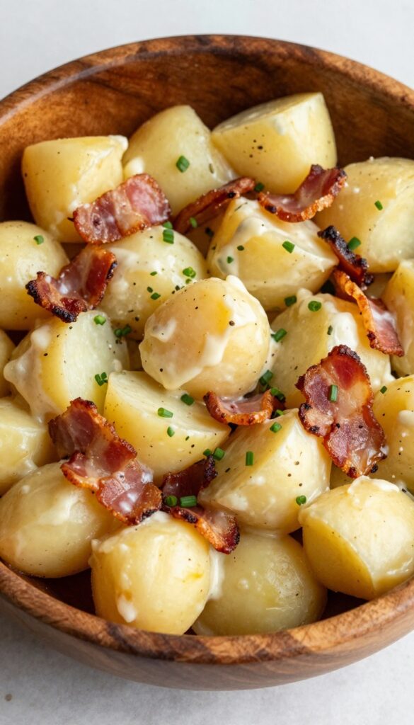 A close-up photo of smoky bacon and chive potato salad in a wooden bowl, showcasing creamy potatoes, crispy bacon, and fresh chives under natural light.