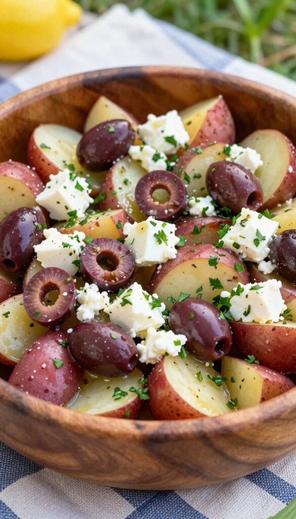 A vibrant Mediterranean herb potato salad with red potatoes, Kalamata olives, feta cheese, and fresh herbs in a rustic bowl on a picnic blanket.