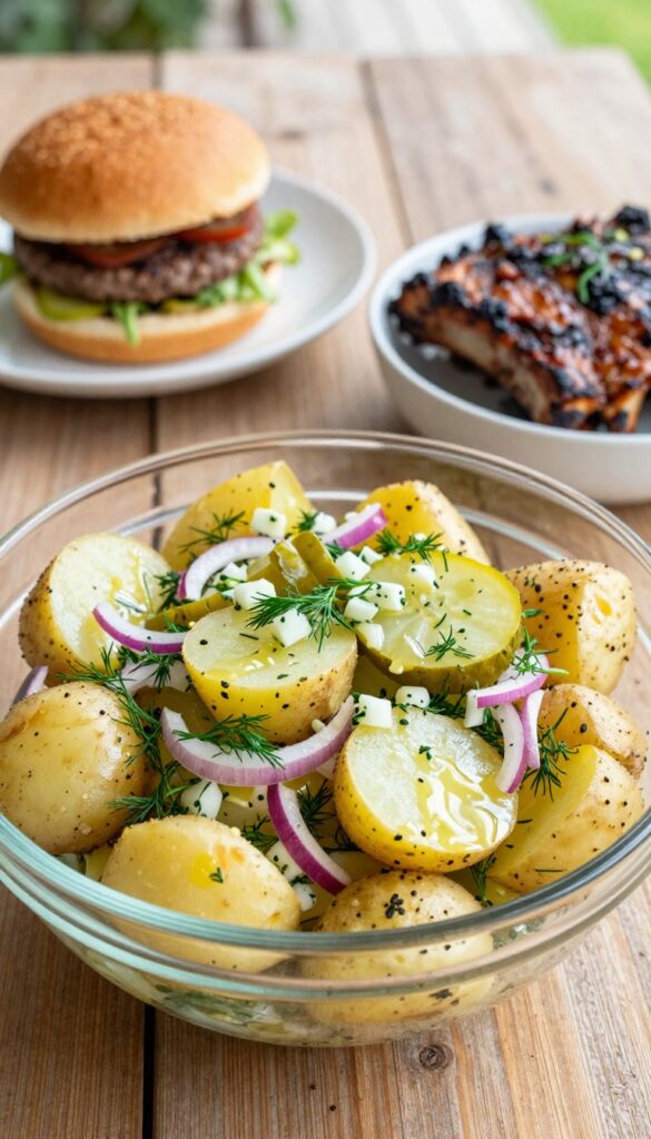 A bowl of tangy dill and pickle potato salad with fresh ingredients, served alongside grilled meats at a sunny backyard BBQ.