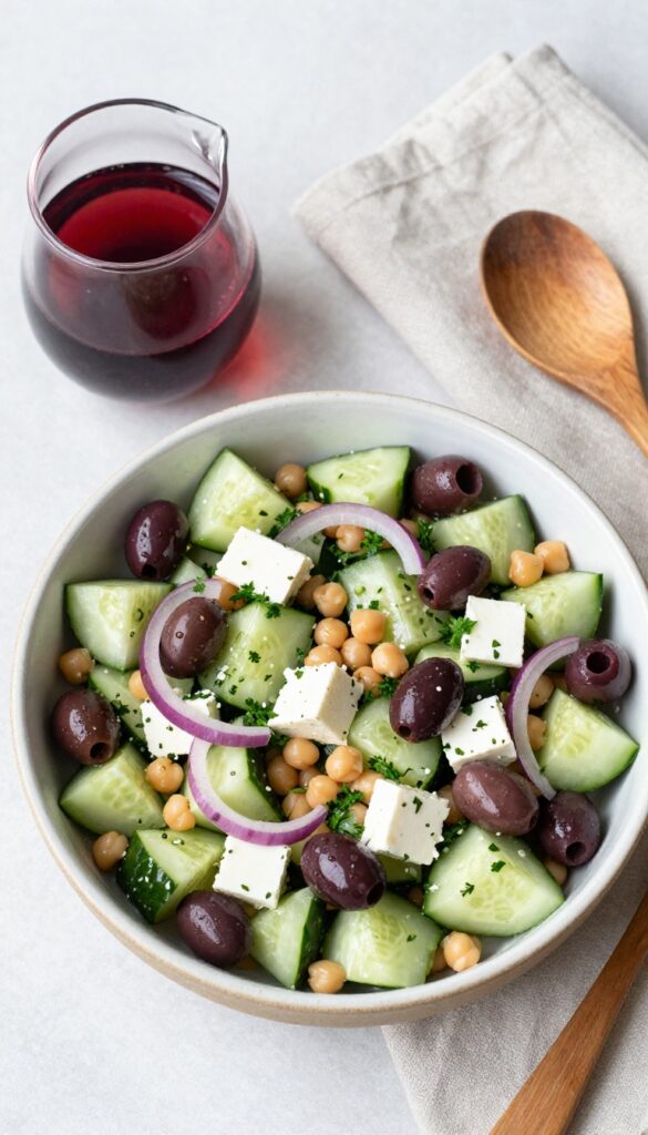 Mediterranean chickpea cucumber salad with feta and olives in a bowl on a wooden table