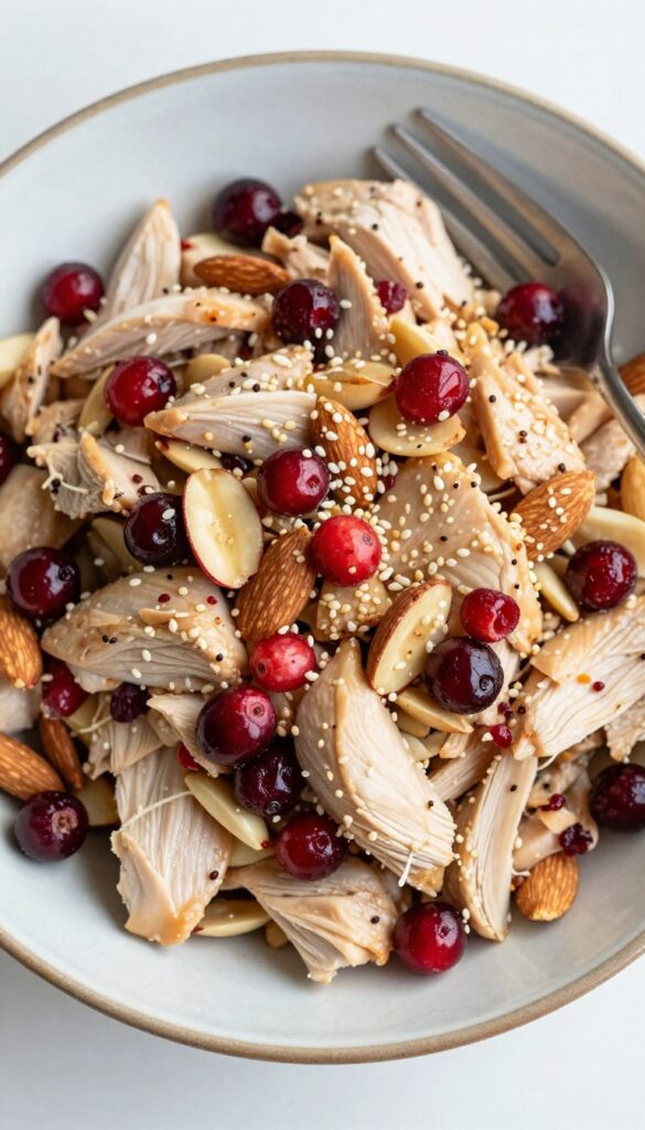 Overhead view of Asian Chicken Cranberry Salad with fork
