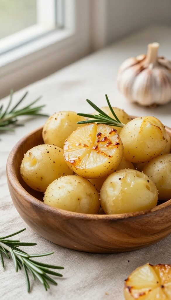 A bowl of roasted garlic and rosemary potato salad with golden potatoes, fresh rosemary, and caramelized garlic, arranged on a linen tablecloth in natural light.