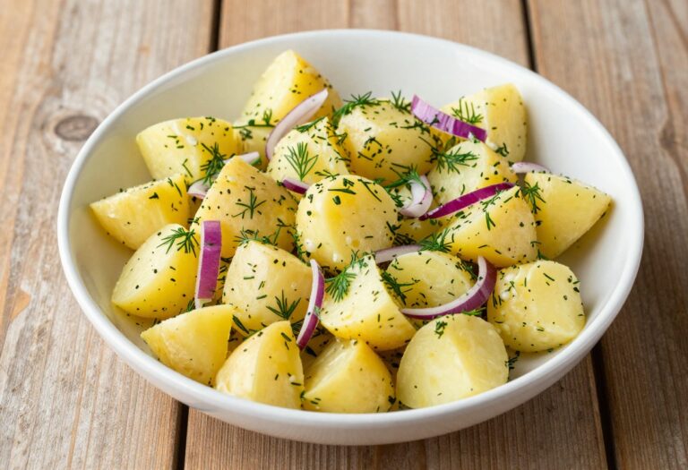 Creamy no-mayo potato salad with fresh herbs in a white bowl