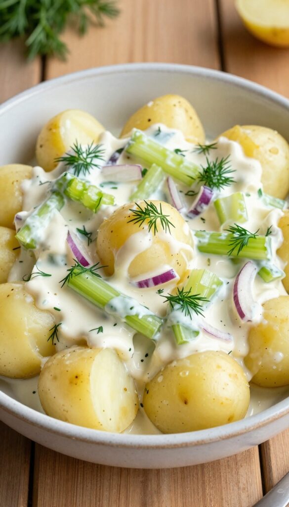 A bowl of creamy potato salad with celery and red onion on a wooden table, garnished with dill.
