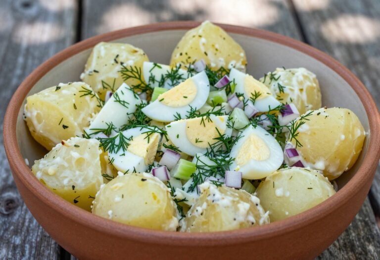 Creamy potato salad in a ceramic bowl on a wooden picnic table with fresh herbs visible