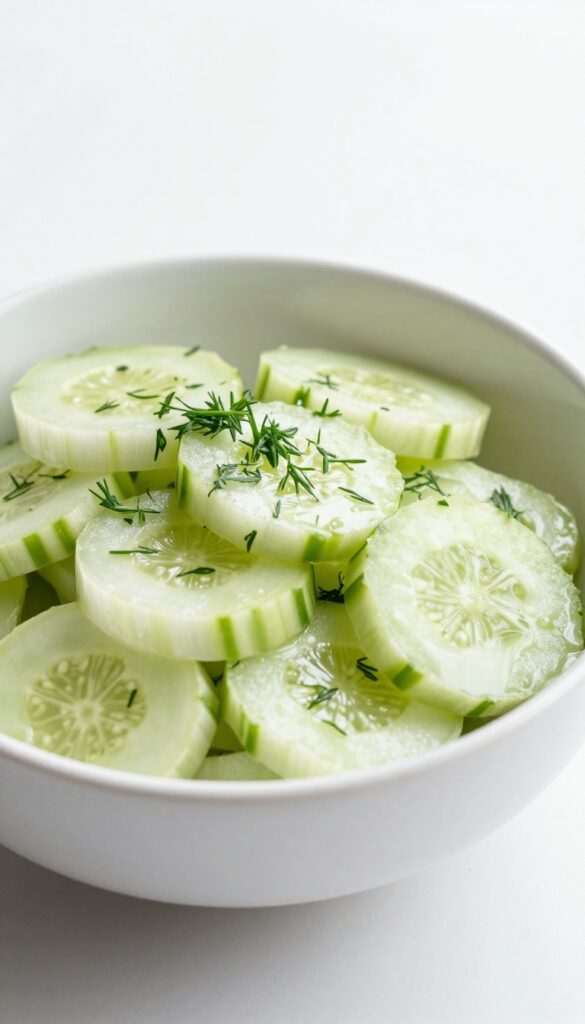 Vinegar and Dill Cucumber Salad in a white bowl with fresh dill and shallots