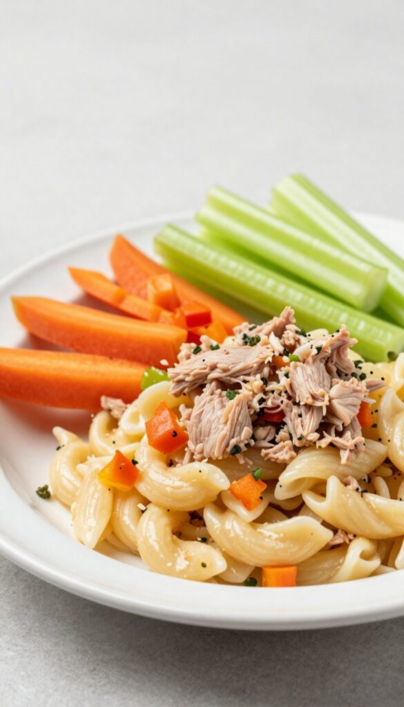 A close-up view of a tuna pasta salad with crunchy vegetables, including carrots, bell pepper, and celery, highlighting its fresh and satisfying texture in natural light.