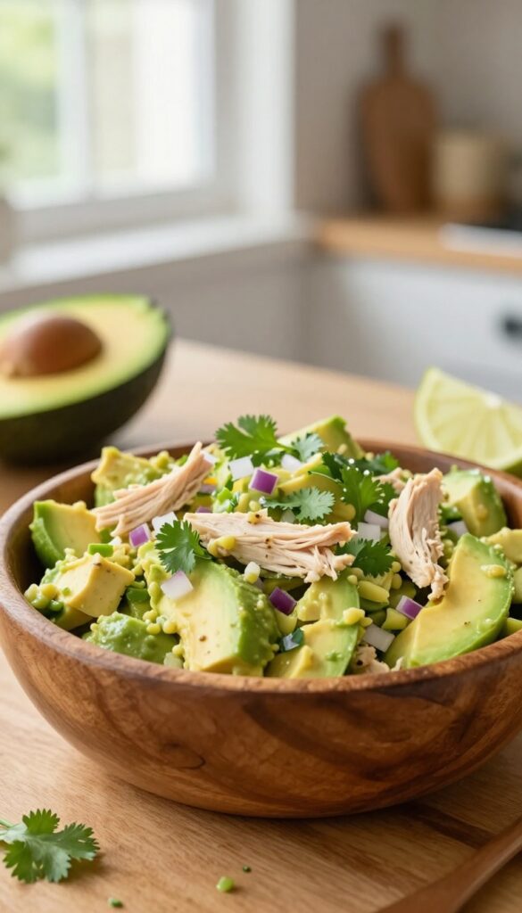 Avocado and lime chicken salad in a wooden bowl with fresh ingredients on the side.