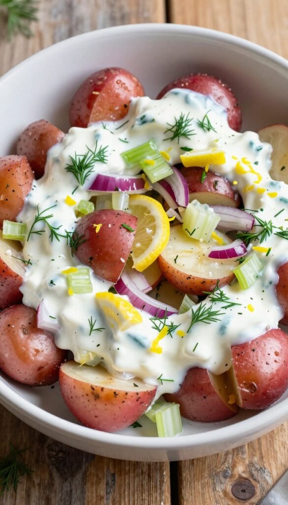 A bowl of lemon-herb dill potato salad with yogurt, showcasing halved red potatoes, creamy dressing, fresh dill, red onion, and celery, photographed in bright natural light on a rustic table.