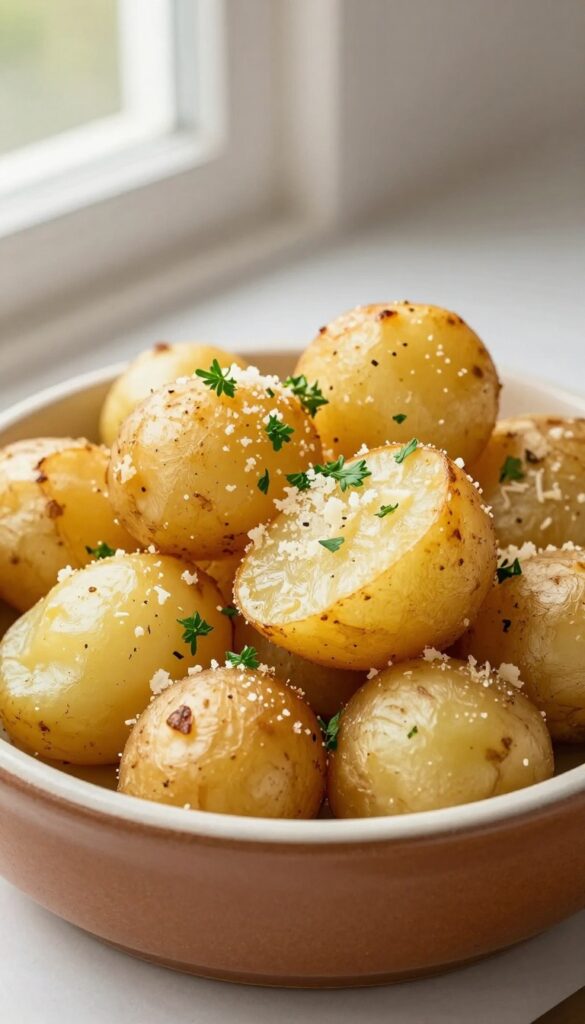 A bowl of garlic Parmesan roasted potato salad with golden potatoes, Parmesan cheese, and parsley, ready for a potluck.
