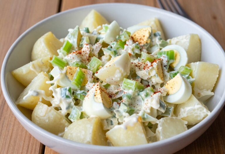 Creamy homemade potato salad in a ceramic bowl garnished with paprika and egg slices