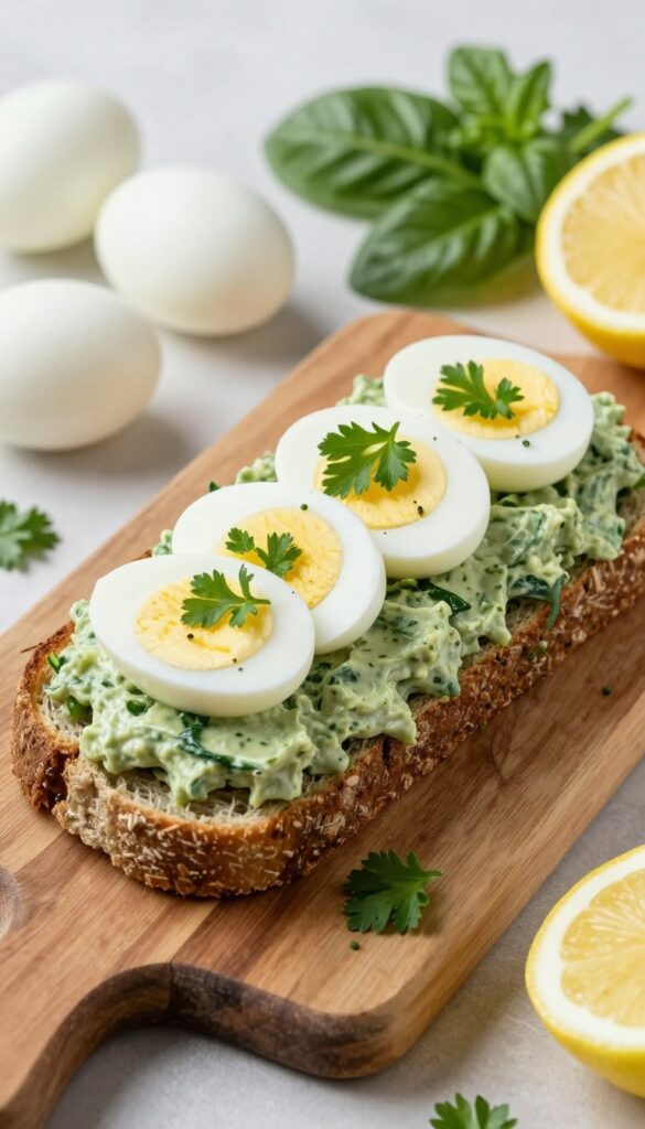 A close-up photo of a green goddess egg salad sandwich with spinach and herbs, showcasing its creamy green filling and fresh ingredients on a wooden board.