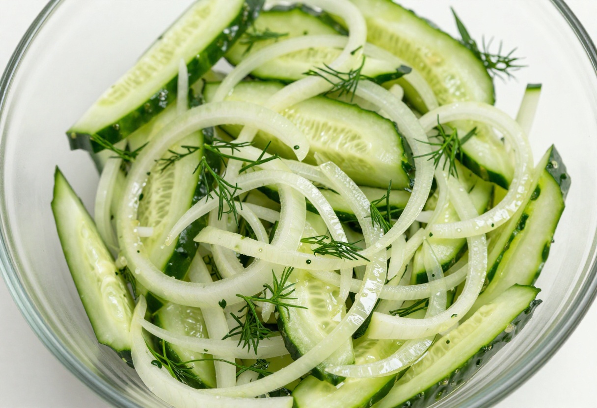 Cucumber and onion salad in a glass bowl with fresh dill garnish