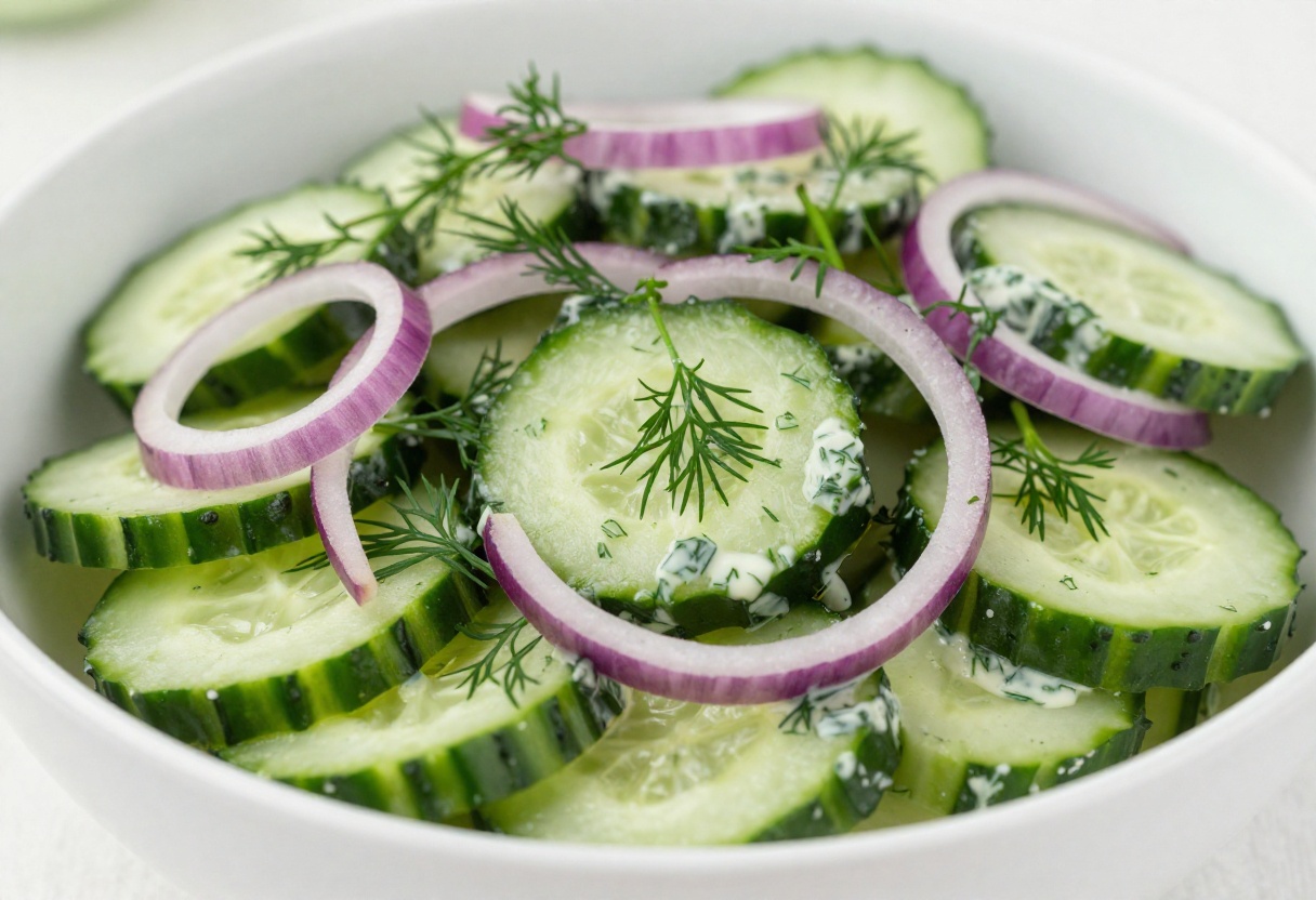 Cucumber salad with dill and red onion dressing in a white bowl