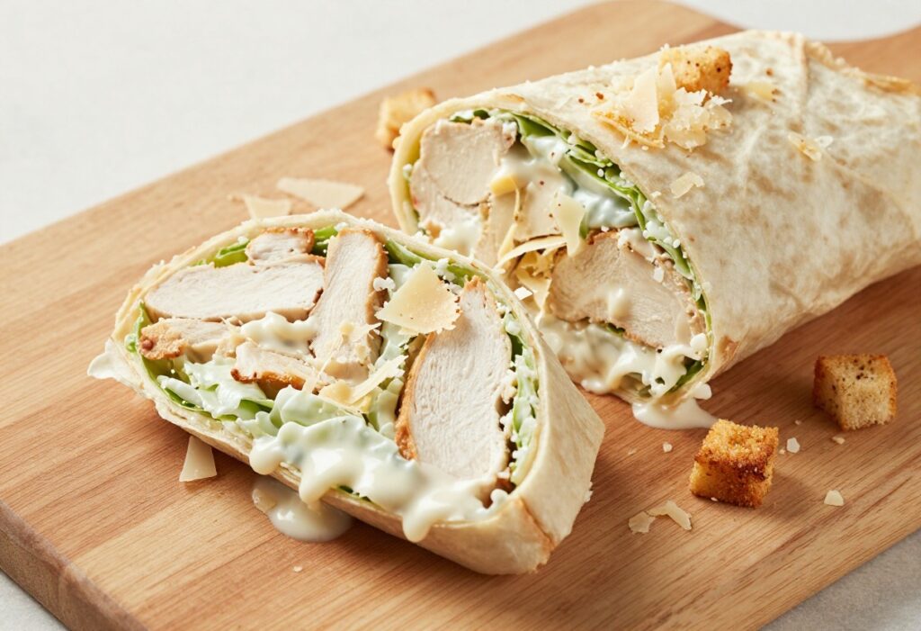 Chicken Caesar Salad Wrap sliced in half on a wooden board