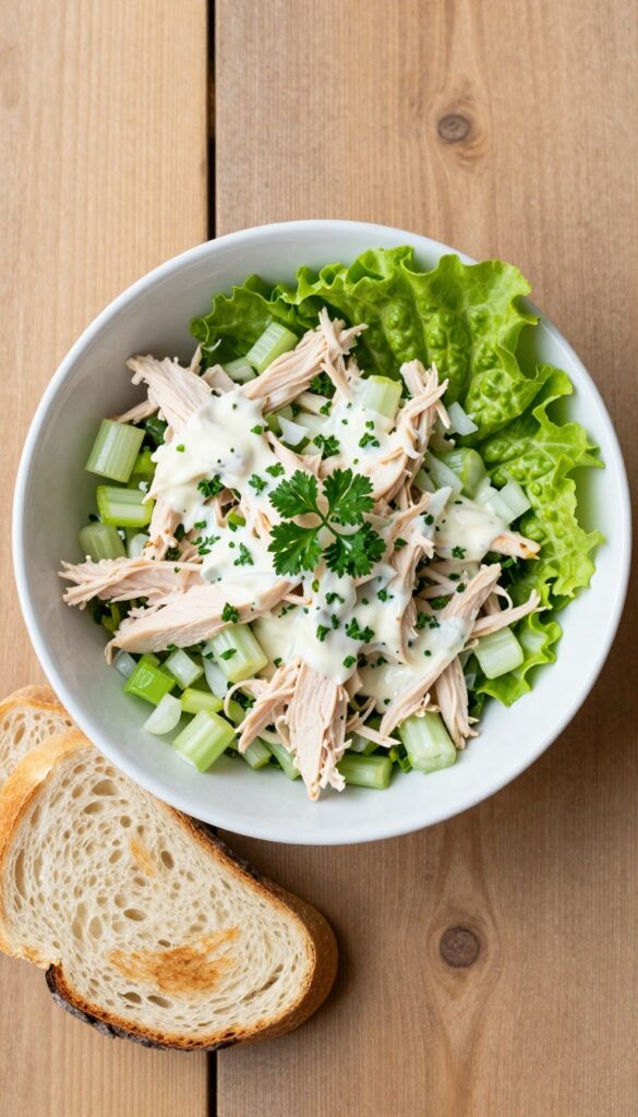 Classic chicken salad in a white bowl on a wooden table with toast and lettuce