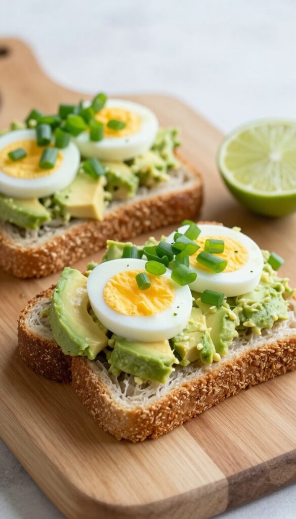 Avocado egg salad sandwich with creamy avocado and hard-boiled eggs on whole grain bread, garnished with green onions and lime, on a wooden cutting board in natural light