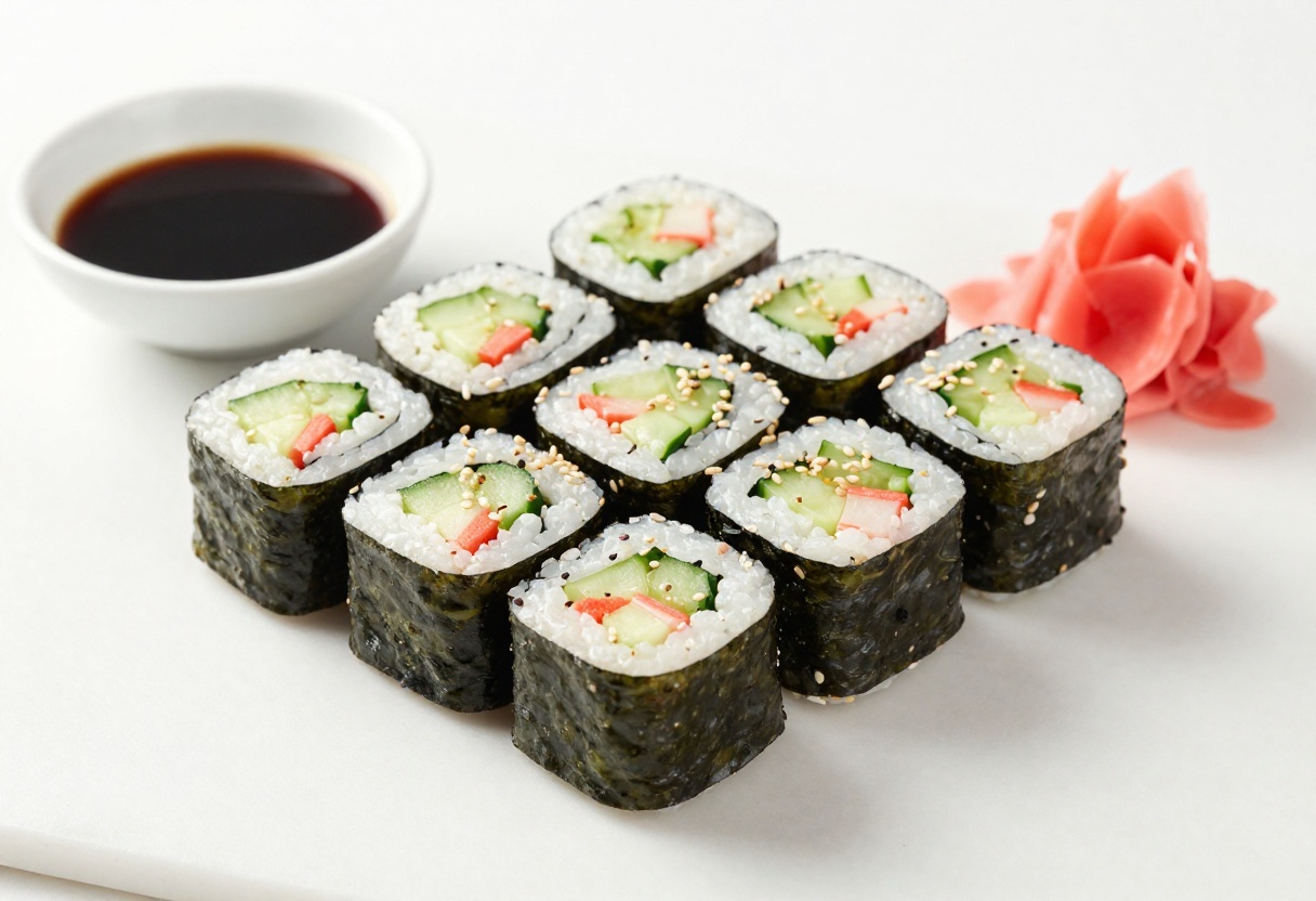 Platter of cucumber crab salad sushi rolls with soy sauce and pickled ginger