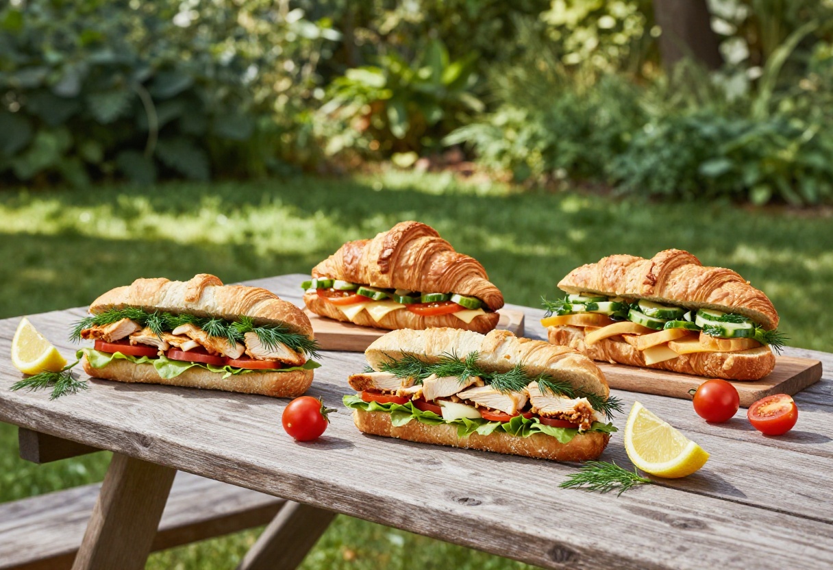 Assorted chicken salad sandwiches on a wooden table in a garden with fresh herbs and lemon wedges