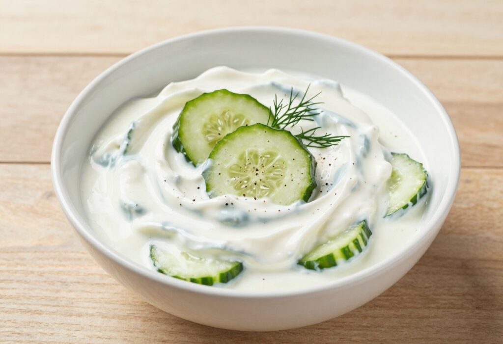 Creamy cucumber yogurt salad with fresh dill in a white bowl on a wooden table