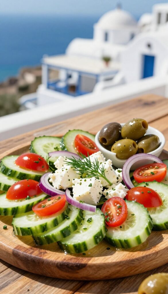 Greek-inspired cucumber salad with dill, feta, and olives on a wooden table.