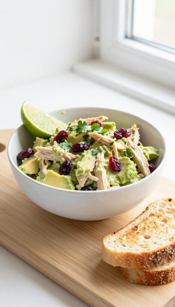 Avocado cranberry chicken salad in a white bowl with toasted sourdough bread