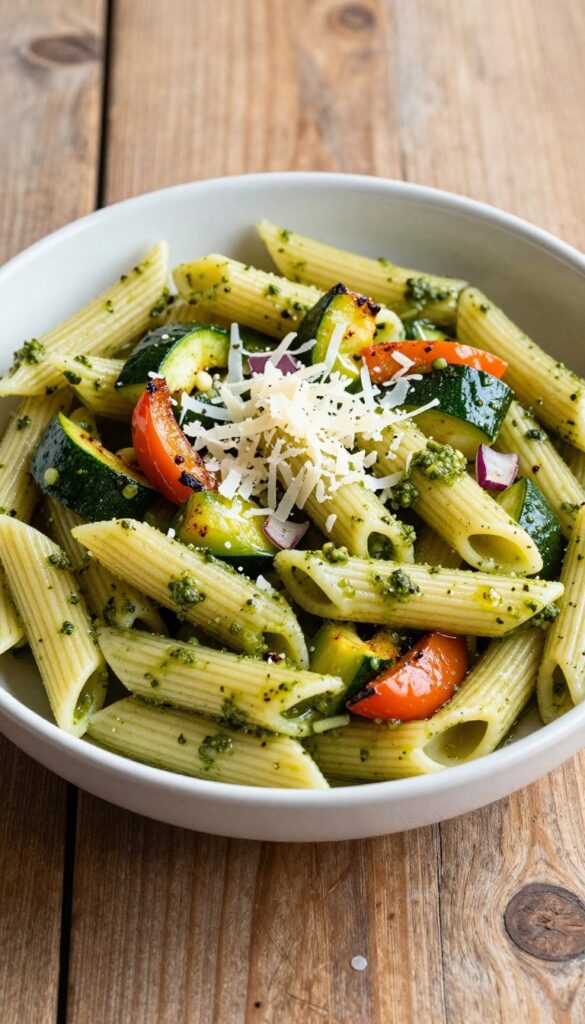 A bowl of pesto pasta salad with roasted vegetables, including penne pasta, zucchini, bell peppers, and red onion, topped with parmesan cheese, in bright natural light.